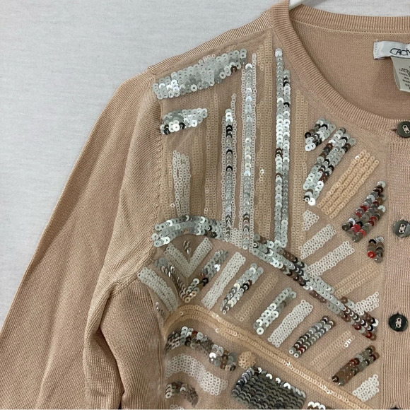 Cache Beige/Light Pink Sequins Stretch Knit Button Cardigan size Small - Picture 4 of 8
